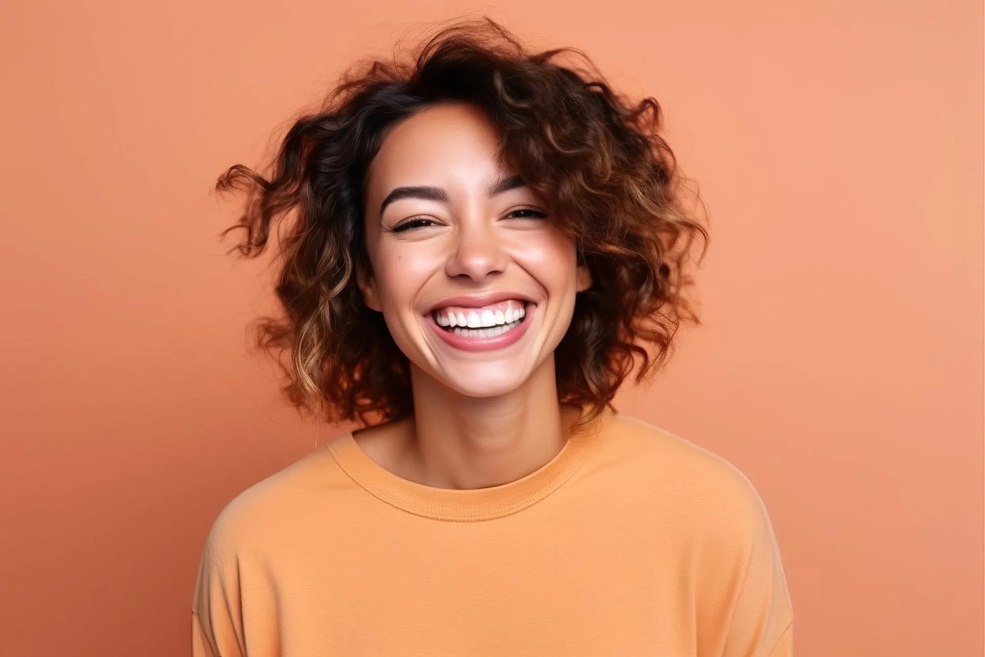 A young woman with curly hair laughing with a bright, confident smile