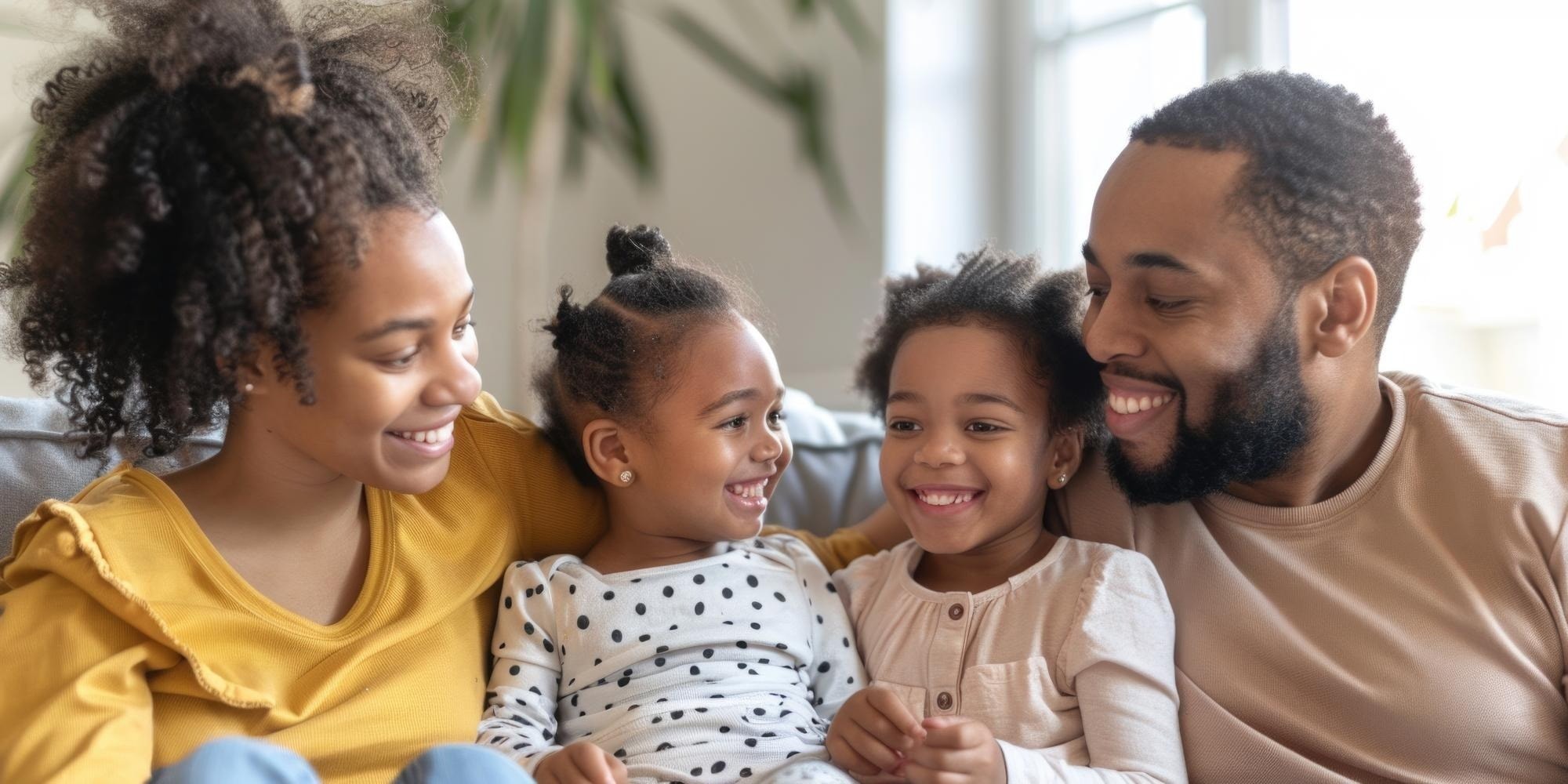 Parents smiling with their two young daughters on the sofa at home